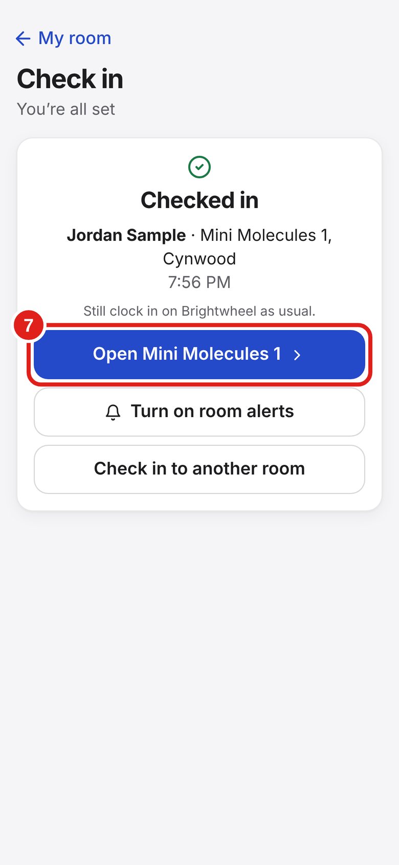 Screenshot of Lab Signal: Open your room. Tap the blue “Open [your room]” button to go to your room.