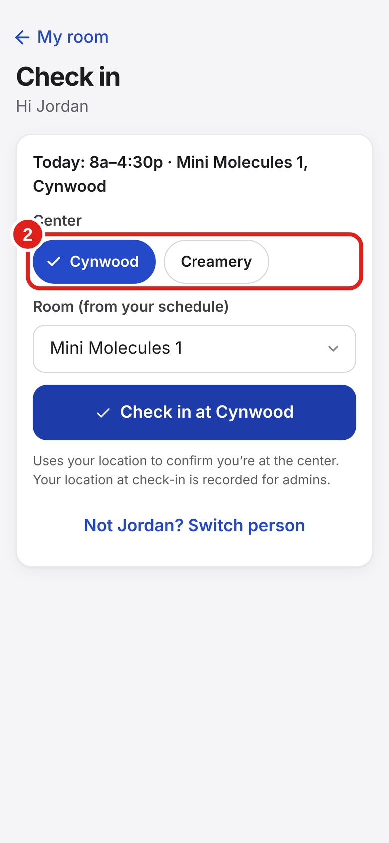 Screenshot of Lab Signal: Pick your center. Tap Cynwood or Creamery.