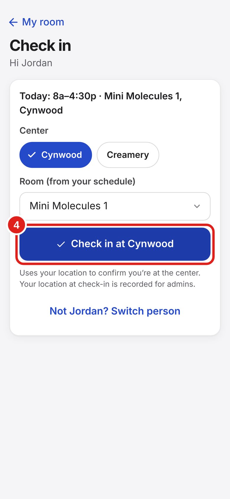 Screenshot of Lab Signal: Tap the blue Check in button. Tap “Check in at Cynwood” (or “Check in at Creamery”).