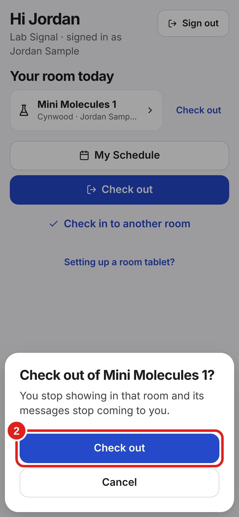 Screenshot: the box that asks you to confirm Check out.