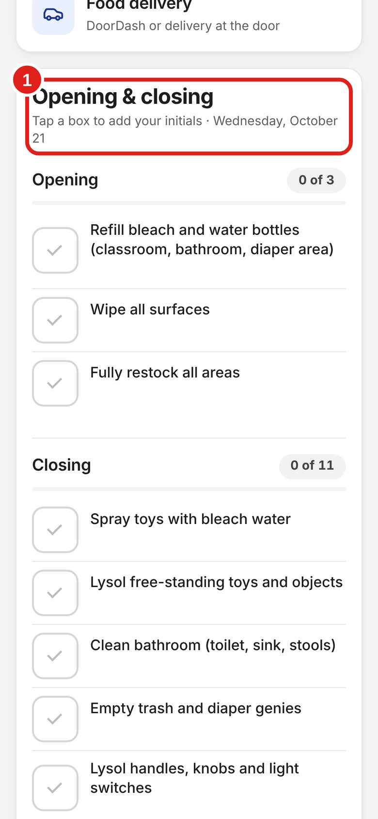 Screenshot of Lab Signal: Scroll down to the list. On your room screen, scroll down to “Opening & closing”.