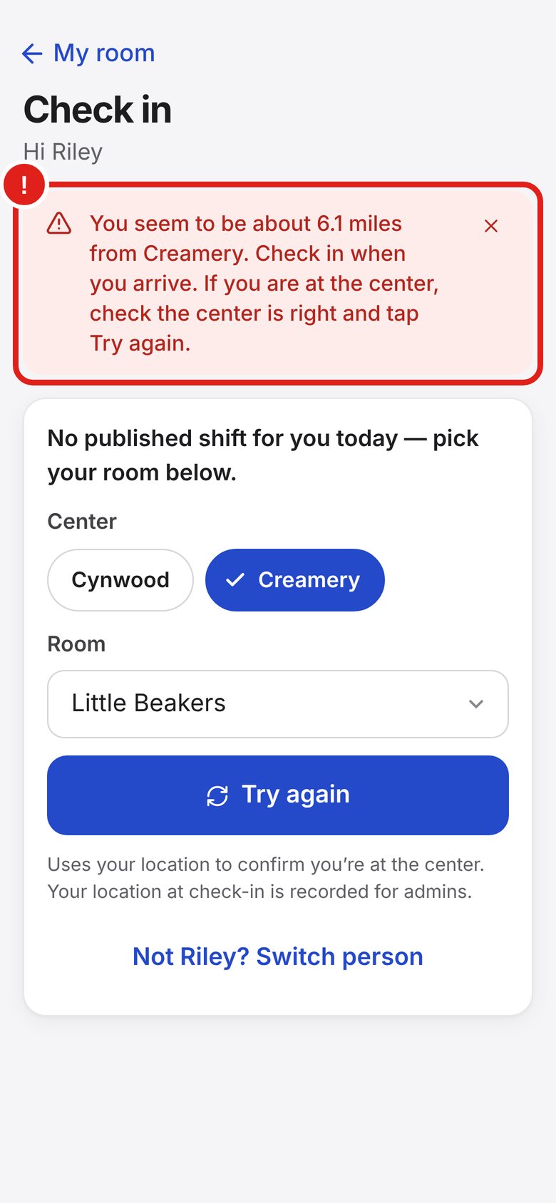 Screenshot: check-in error saying you seem to be miles from the center