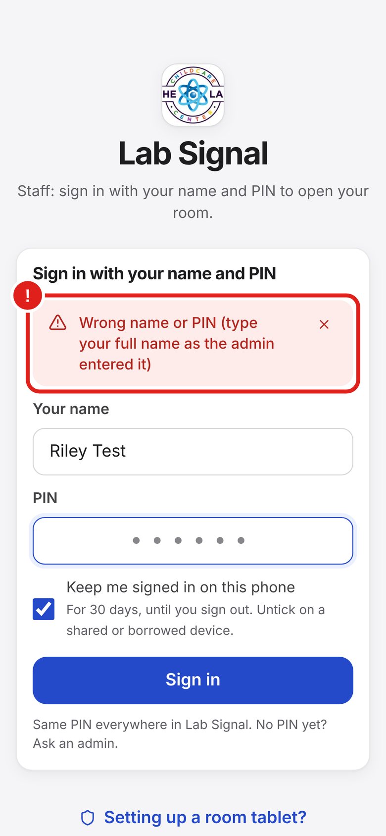 Screenshot: Wrong name or PIN message