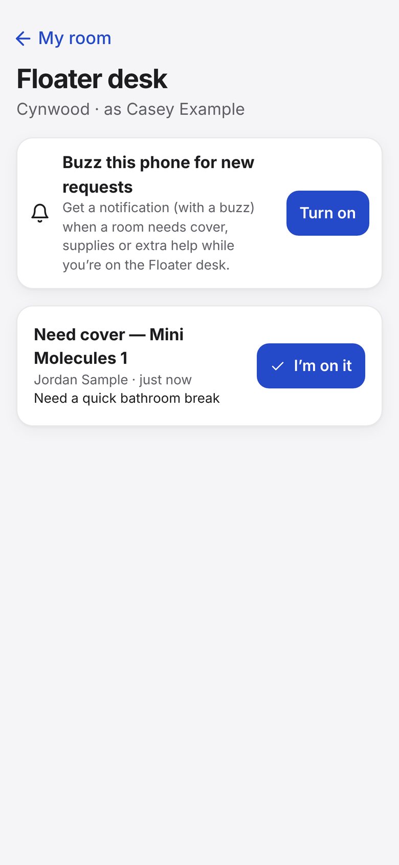Screenshot of Lab Signal: Turn on alerts (do this once). At the top of the Floater desk, tap Turn on, then tap Allow.