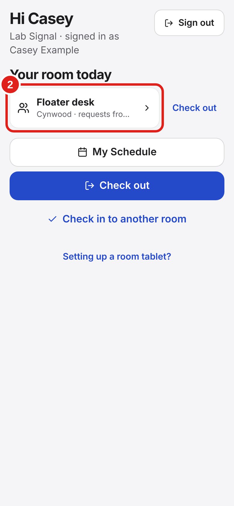 Screenshot of Lab Signal: Open the Floater desk. On My room, tap Floater desk.