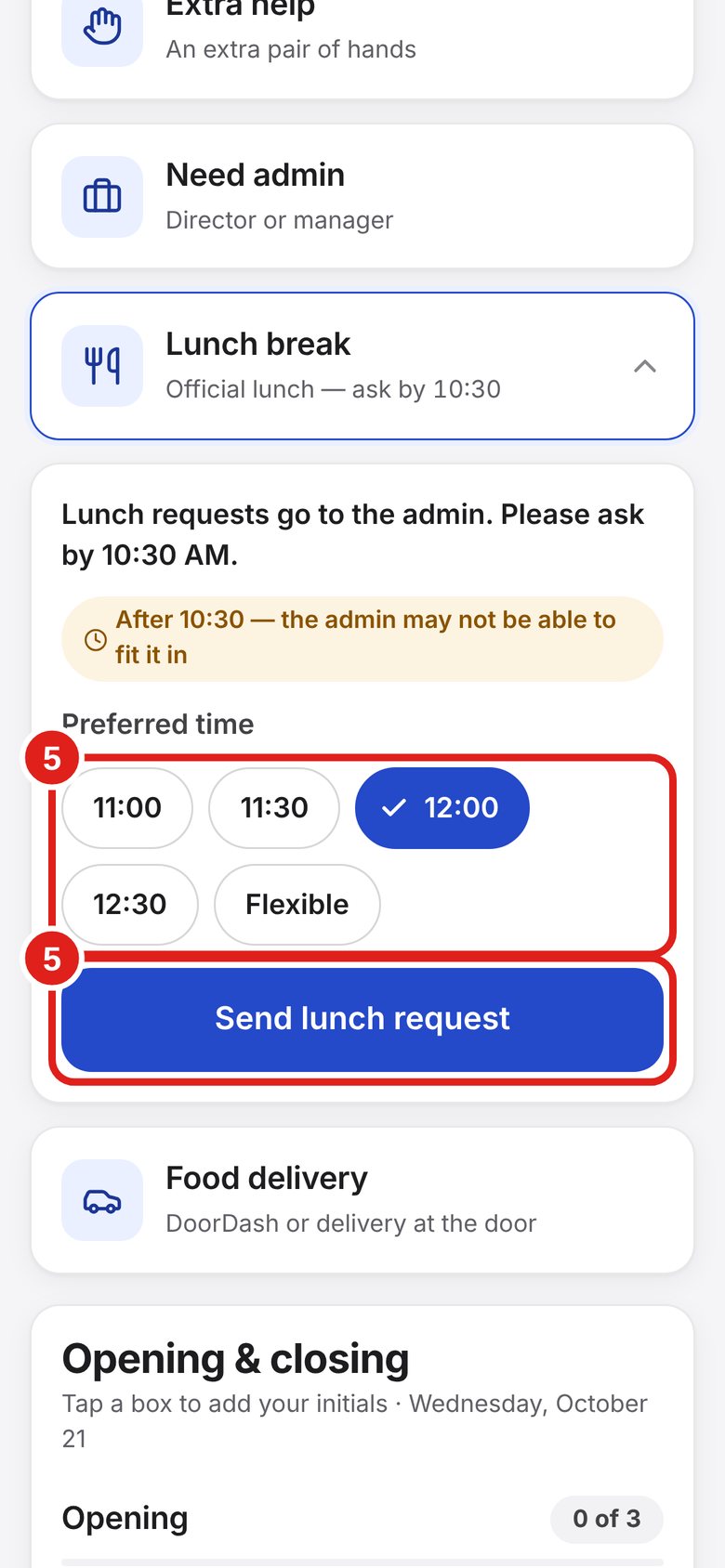 Screenshot of Lab Signal: Ask for your lunch break. Tap Lunch break. Pick a time (or Flexible).