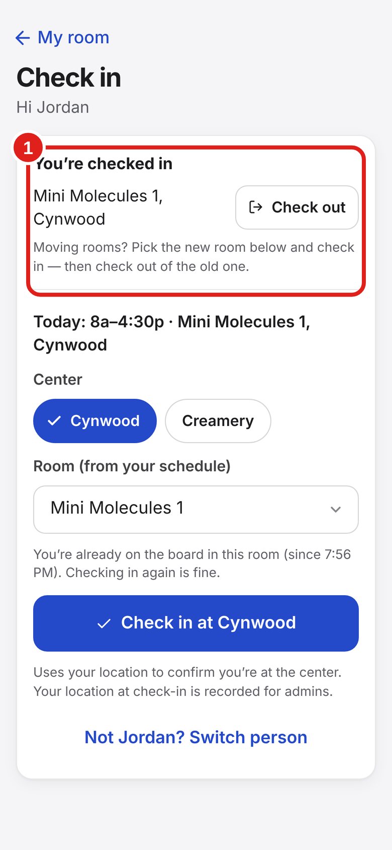 Screenshot: the Check in page for the new room, with the old room listed to check out of.