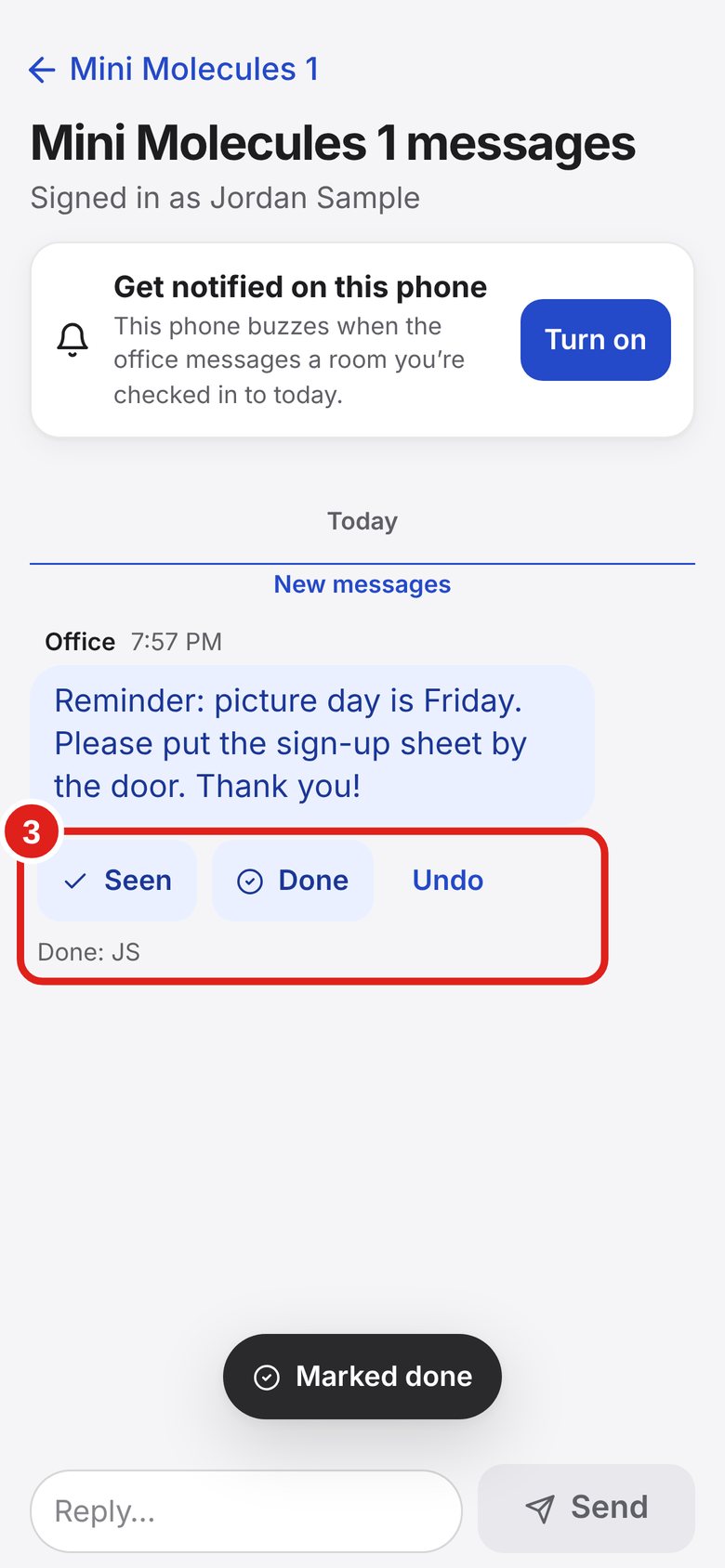 Screenshot of Lab Signal: Tap Seen or Done. Tap Seen when you have read it.