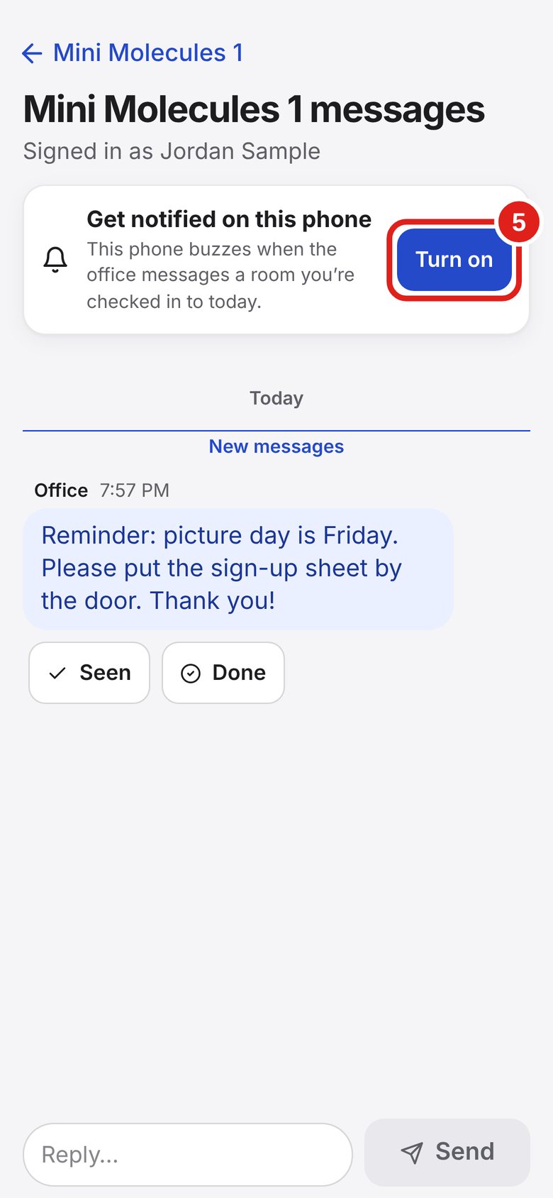 Screenshot of Lab Signal: Get alerts on your phone. Tap Turn on, then tap Allow.