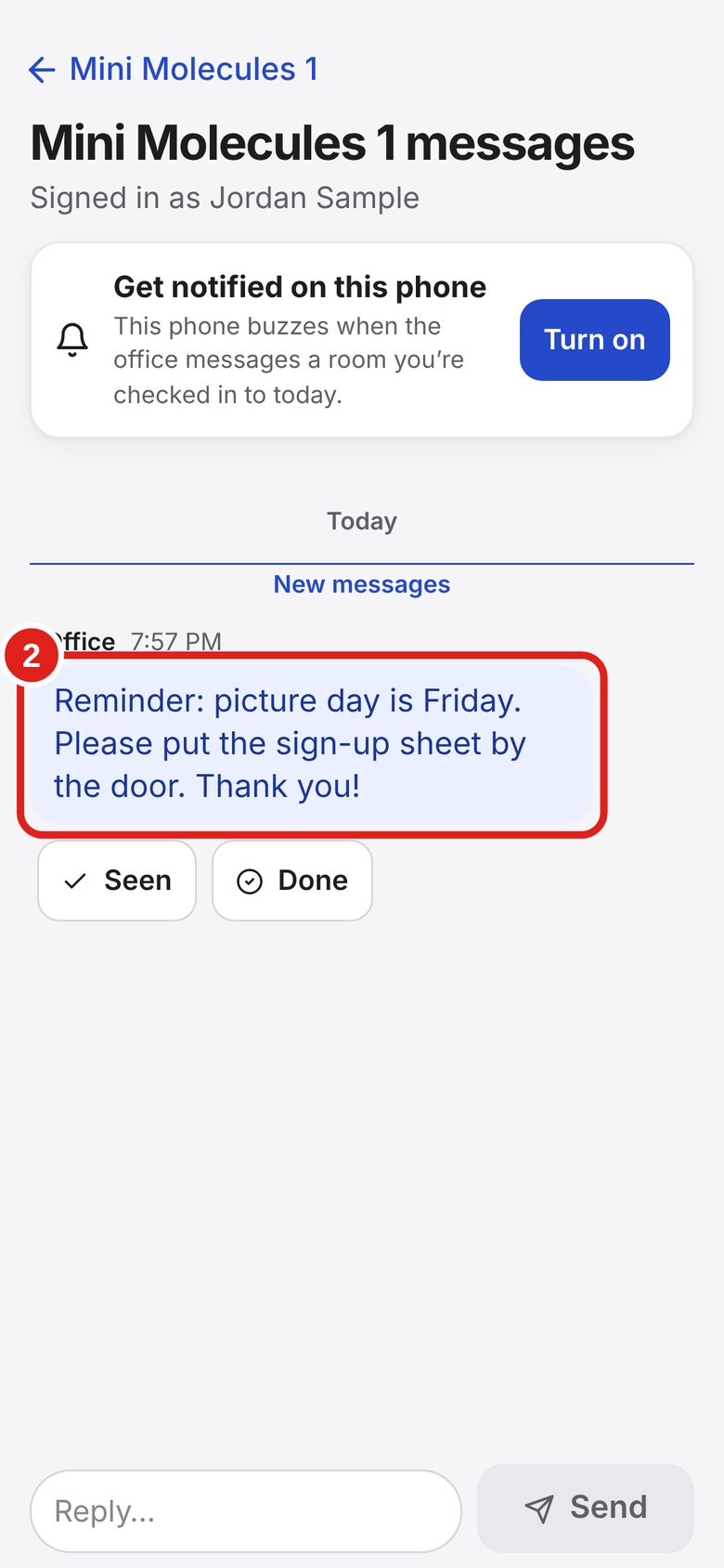 Screenshot of Lab Signal: Read the message. Messages from the office are shown here, newest at the bottom.