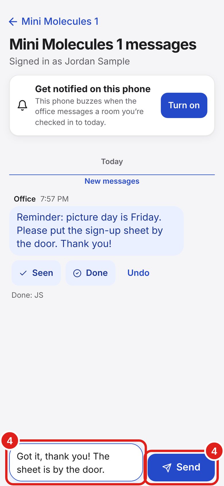 Screenshot of Lab Signal: Reply if you need to. Tap the Reply box and type.