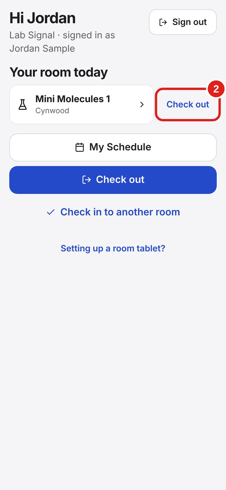Screenshot of Lab Signal: Check out of a room. On My room, tap Check out next to the room.