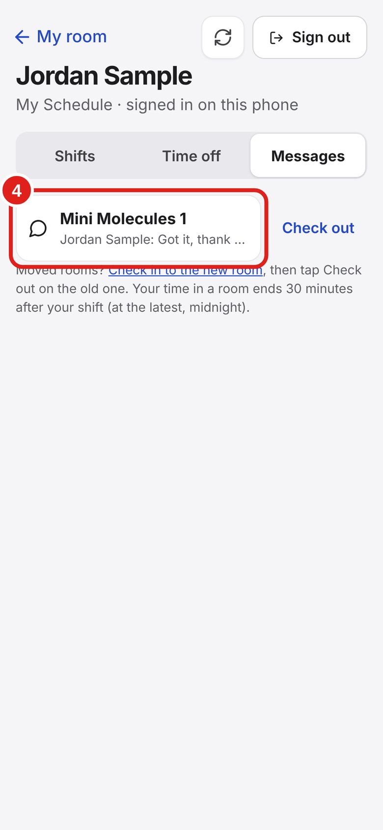 Screenshot of Lab Signal: Your rooms’ messages. Tap Messages to see the rooms you are checked in to today.
