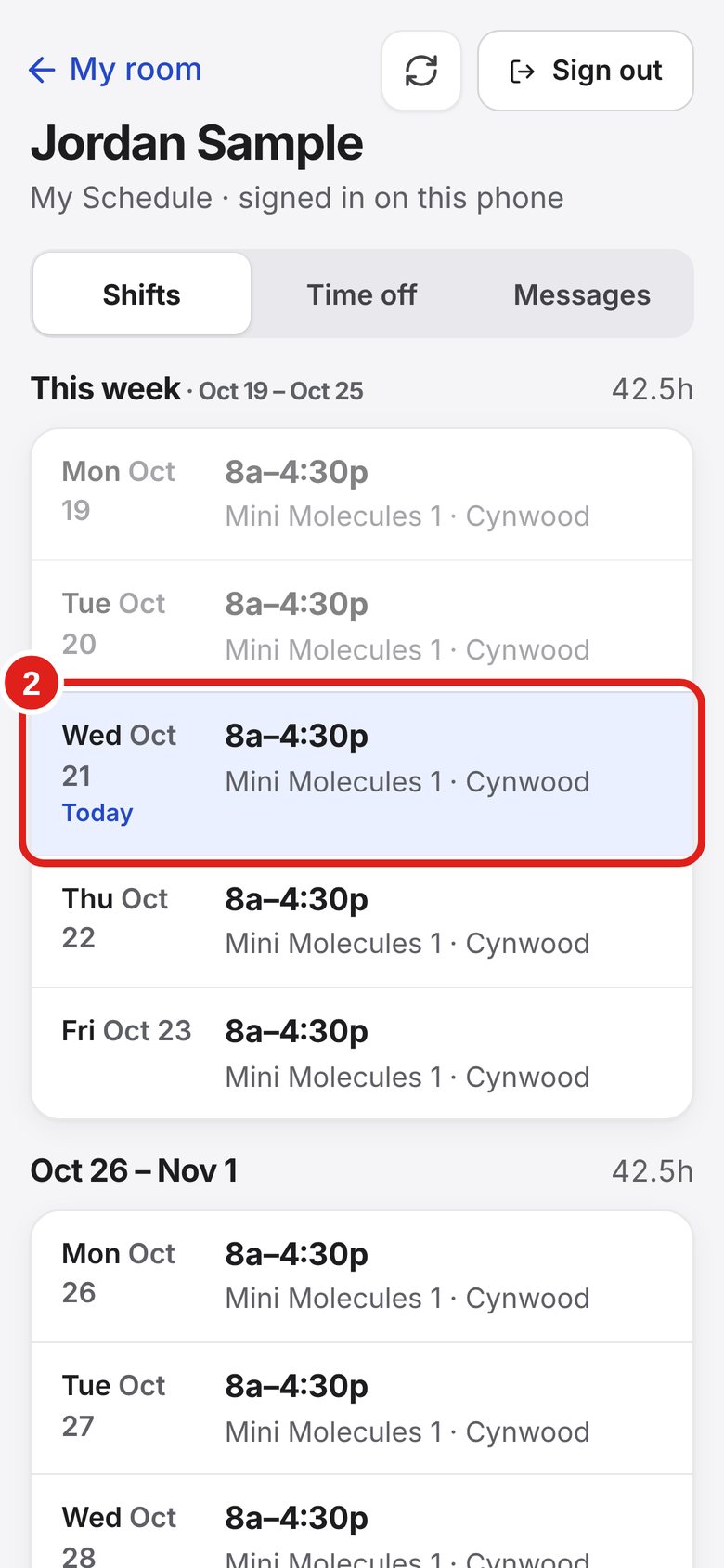 Screenshot of Lab Signal: See your shifts. Shifts shows this week and the coming weeks.