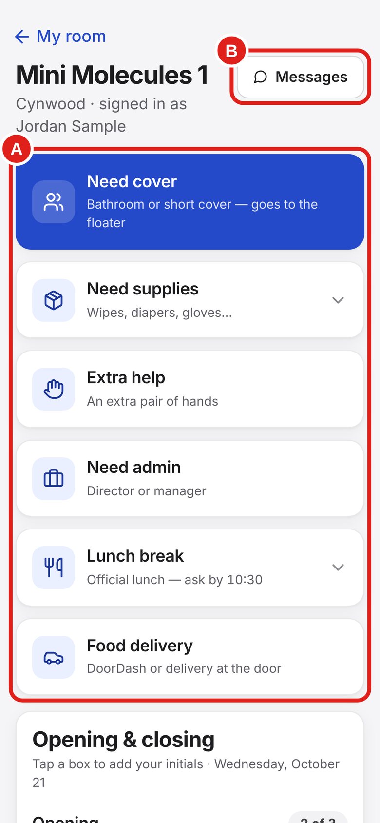Screenshot of Lab Signal: What’s on the room screen. A — Buttons to ask for help.