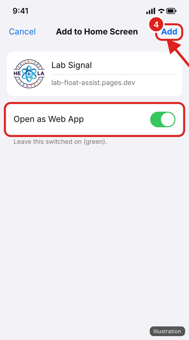 Illustration of Tap Add. Leave “Open as Web App” switched on (green).