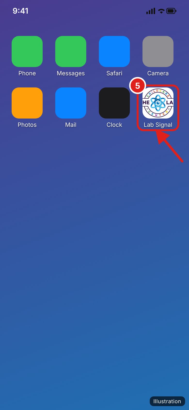 Illustration of Open Lab Signal from the new icon. Go to your Home Screen. Find the Lab Signal icon.