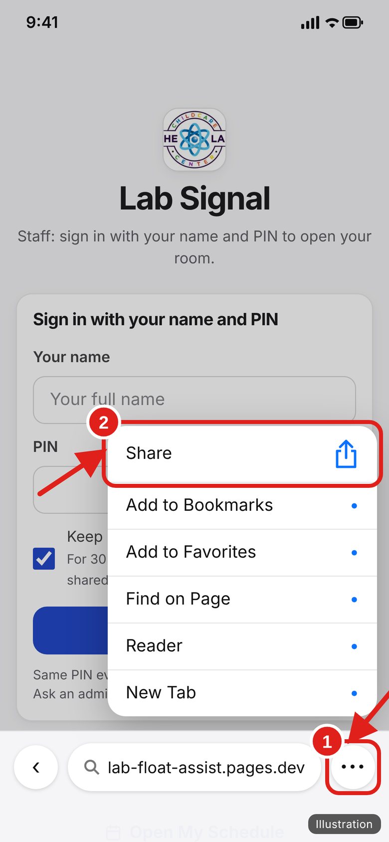 Illustration of Tap Share. A menu opens. Tap Share.