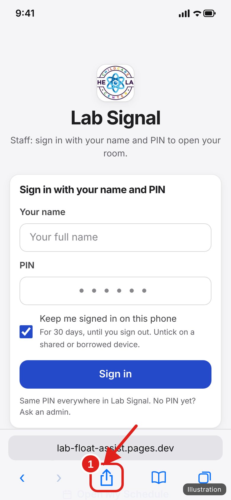 Illustration of an older iPhone: the Safari toolbar at the bottom with the Share button circled.