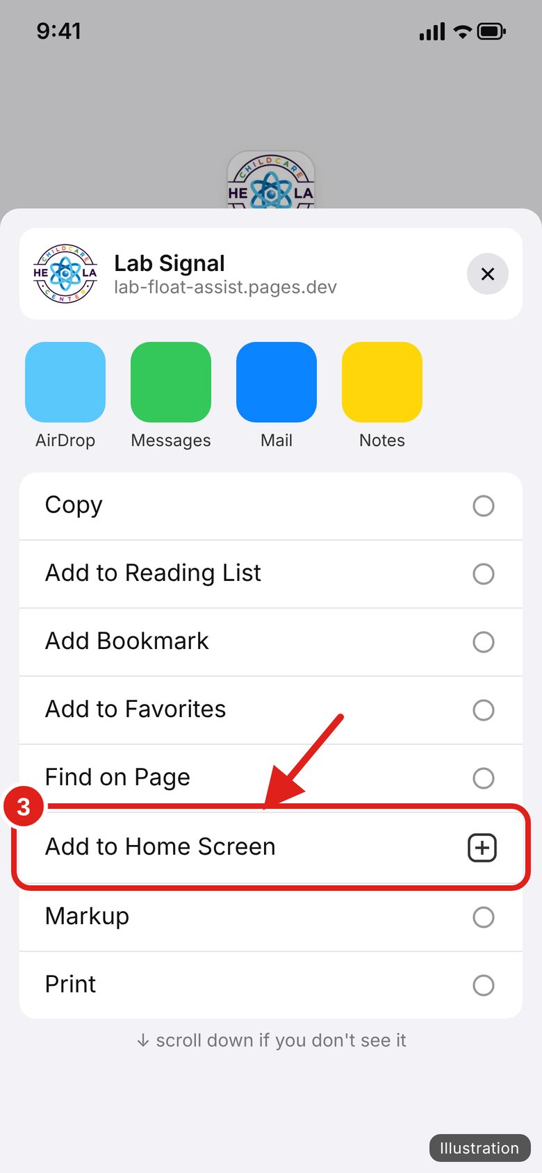 Illustration of Tap Add to Home Screen. Scroll down the list.