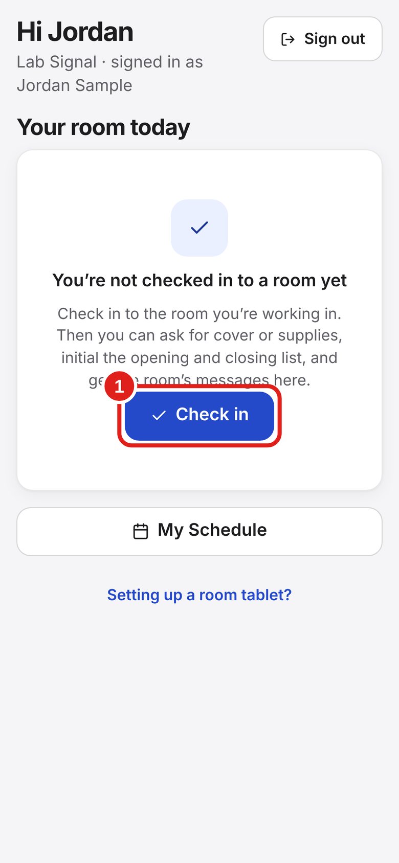 Screenshot of Lab Signal: Tap Check in. On My room, tap Check in.