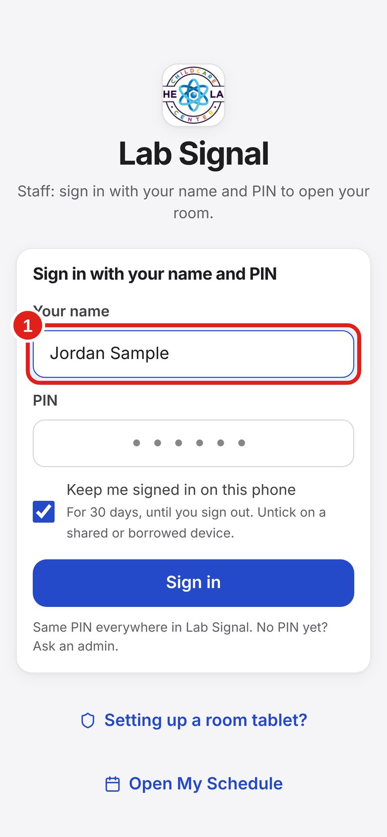 Screenshot of Lab Signal: Type your name. Tap Your name.