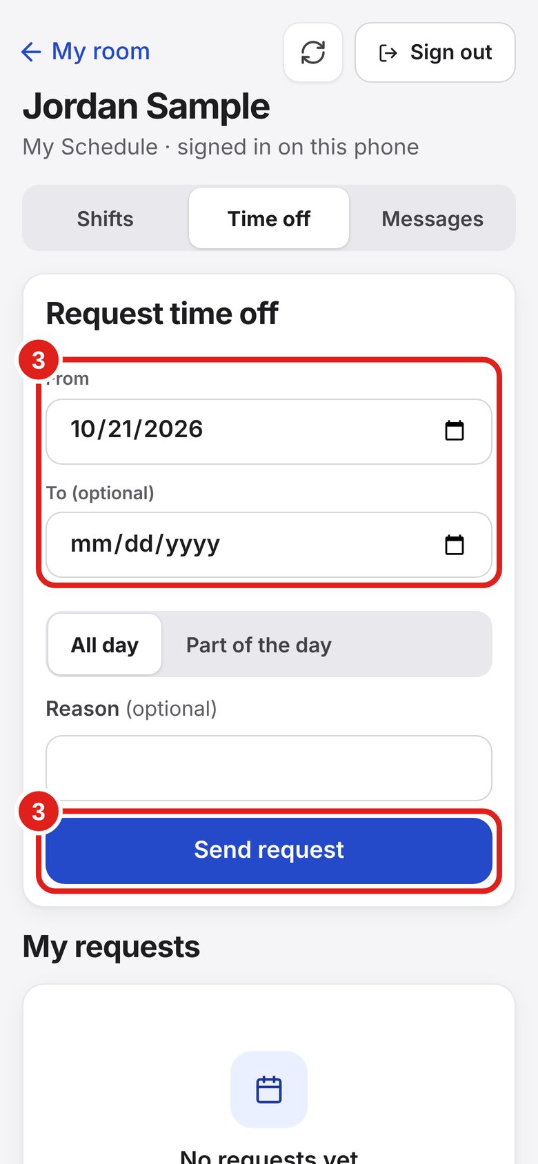 Screenshot of Lab Signal: Ask for time off. Tap Time off. Pick the date (and an end date if it’s more than one day).